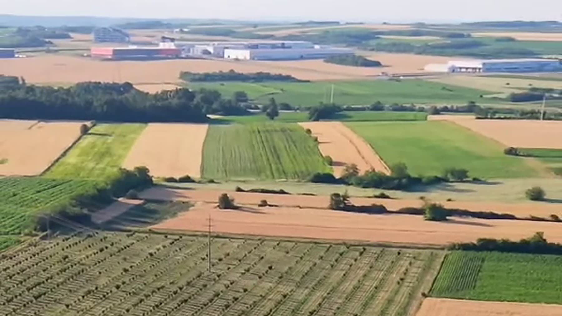 Širok kadar iz vazduha: mozaik šumadijskih njiva oko zasada leske.